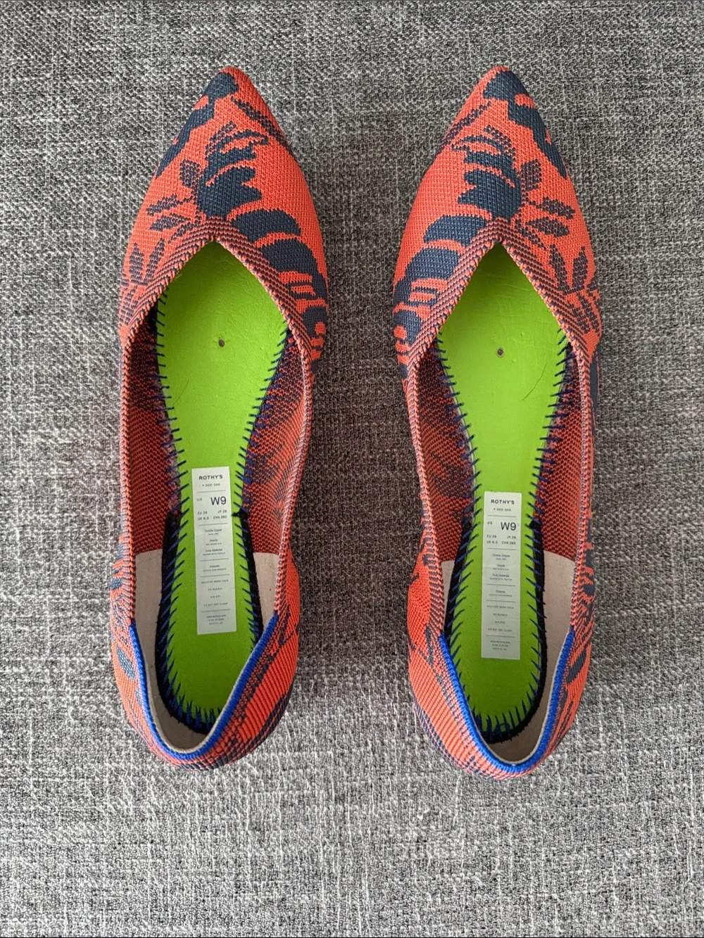 Rothy's Pointed Knit Flats in Orange, Navy & Lime